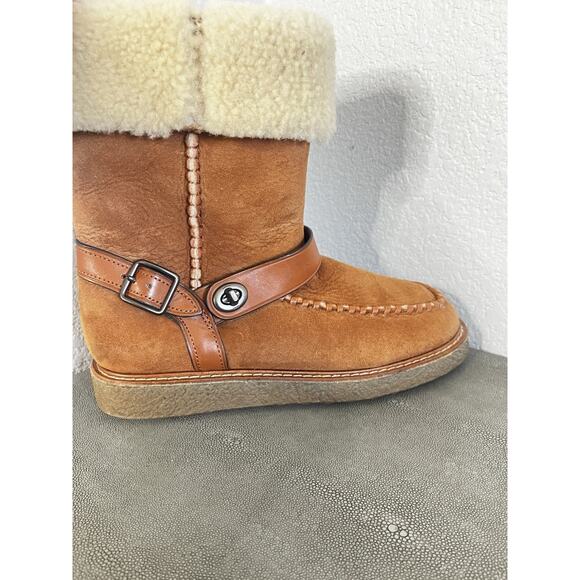 COACH Moto Shearling Turnlock Harness Brown Suede Winter Boot Size 7 - Picture 4 of 12